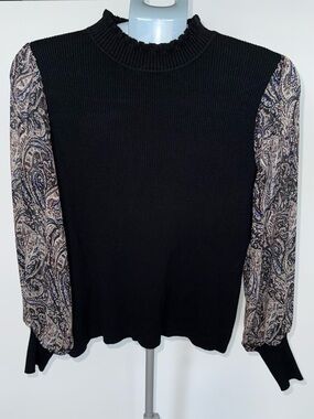 Sioni Milano Black Paisley Print Sleeve Mock Neck Sweater Women's XL